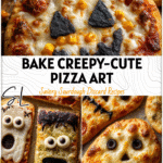 Festive sourdough flatbread pizza decorated as Ghost Bread and Frankenstein faces for a Halloween Pizza Party. 2026